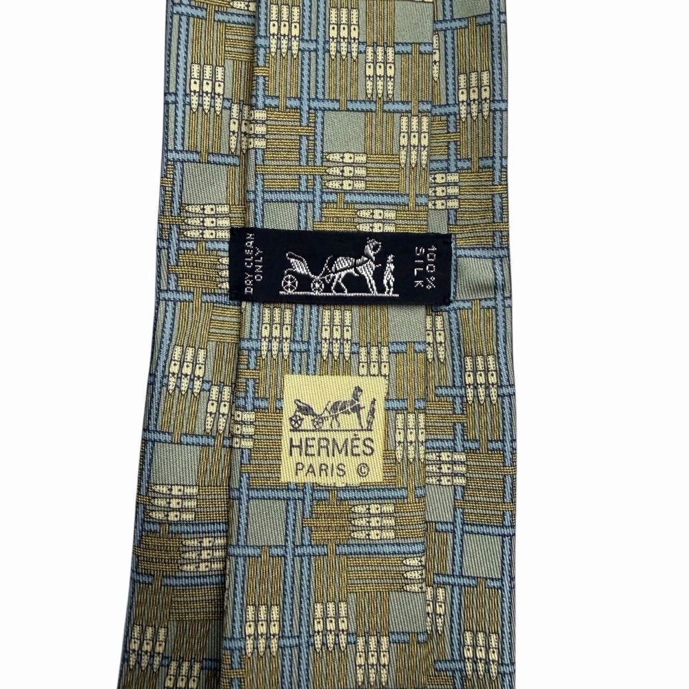 Hermes Men's Geometric Plaid Sage & Yellow Silk 932 IA 3.75" (W) x 57.5" (L) euc